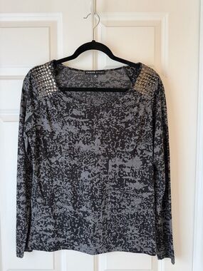 Chaus Sport Stud-Shoulder Gray Black Long Sleeve Top